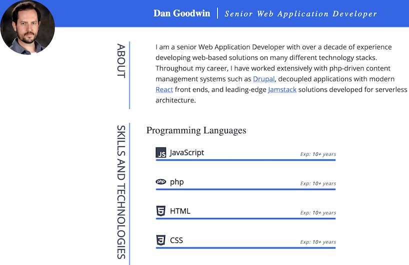 Screenshot of resume website